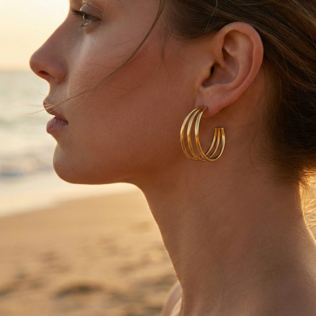 Pendientes Triple Aro Selena con fusión en Oro 18K