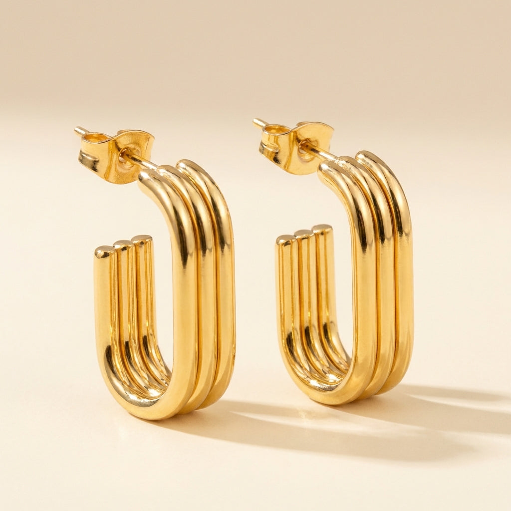 Pendientes Triple Lane con fusión en Oro 18K