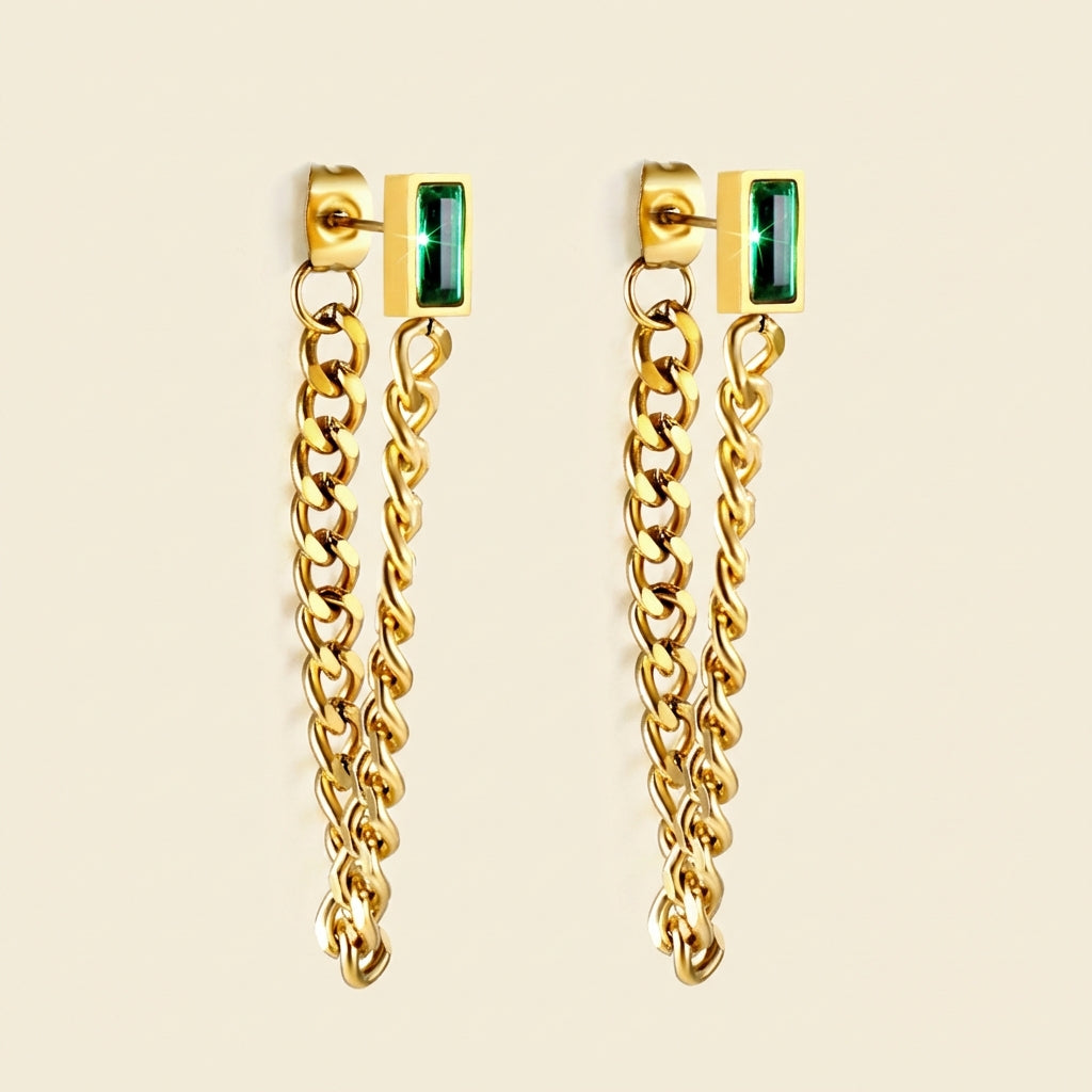 Pendientes Green Diamond Chain con fusión en Oro 18K