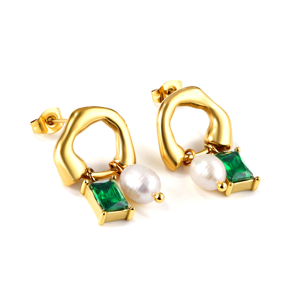 Pendientes Green Diamond & Pearl con fusión en Oro 18K