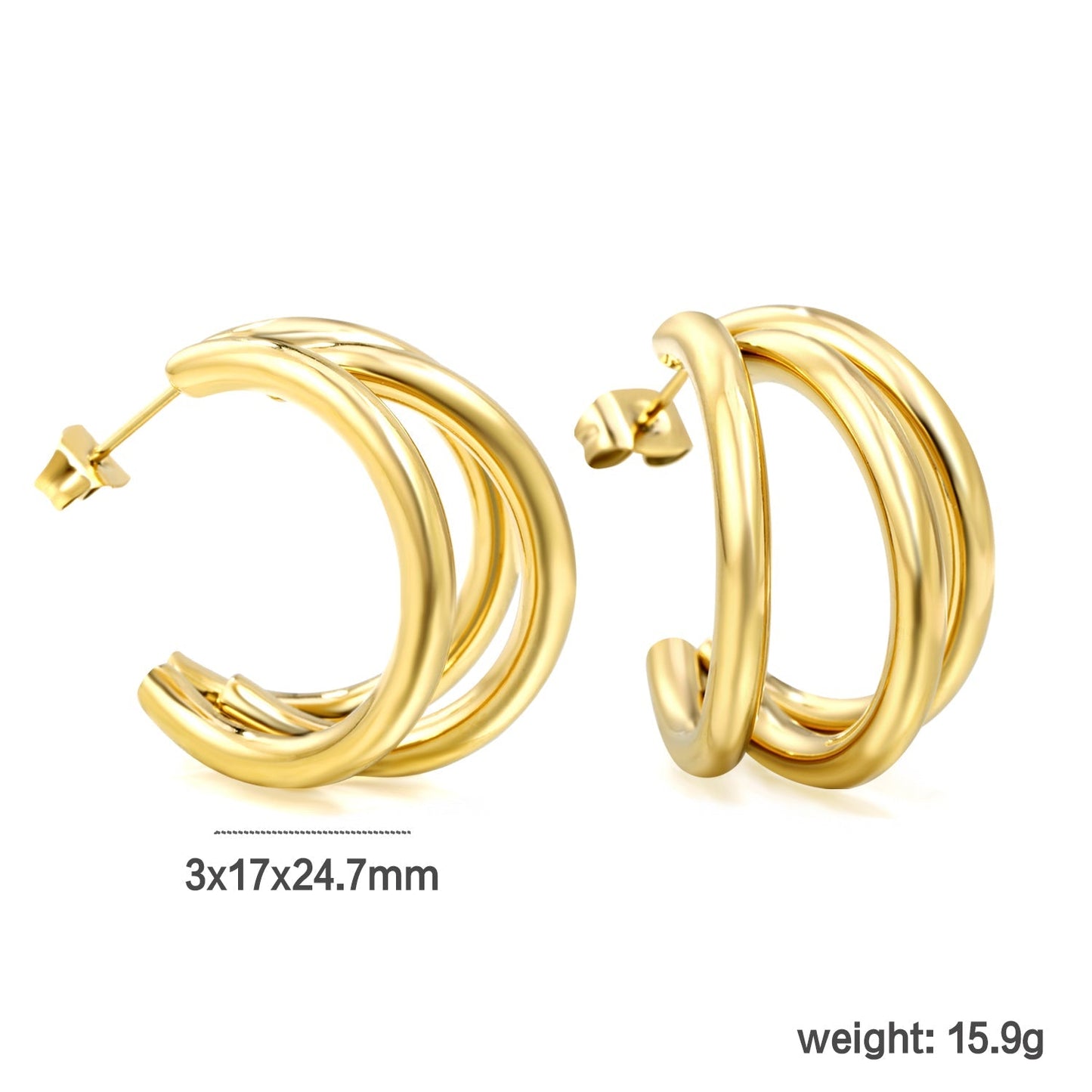 Pendientes C-Curve Triple con fusión en Oro 18K