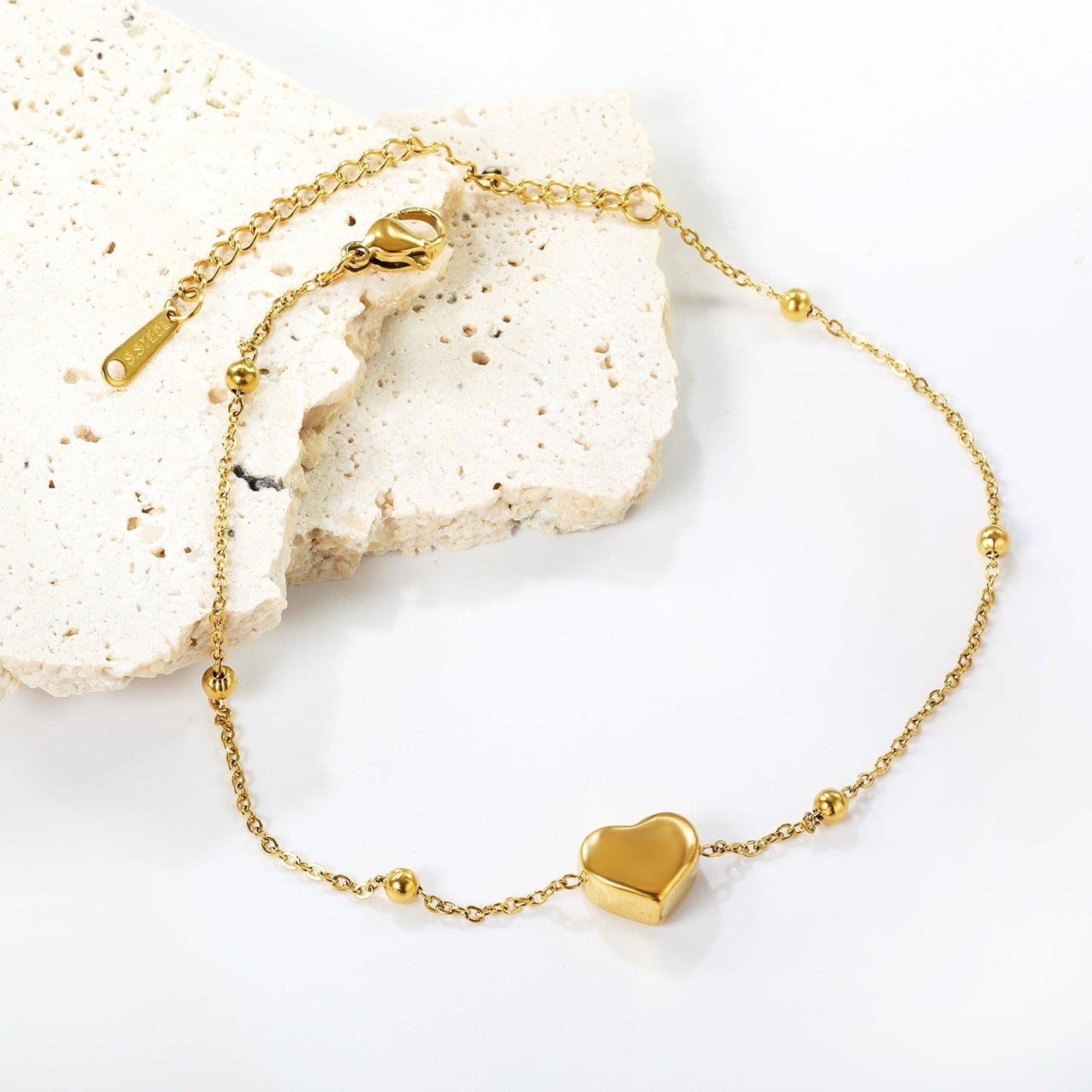 Tobillera 3D Heart & Beads con fusión en Oro 18K
