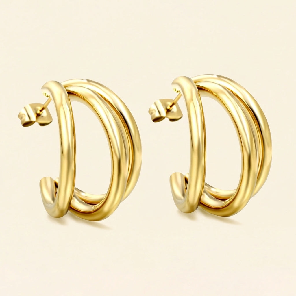 Pendientes C-Curve Triple con fusión en Oro 18K