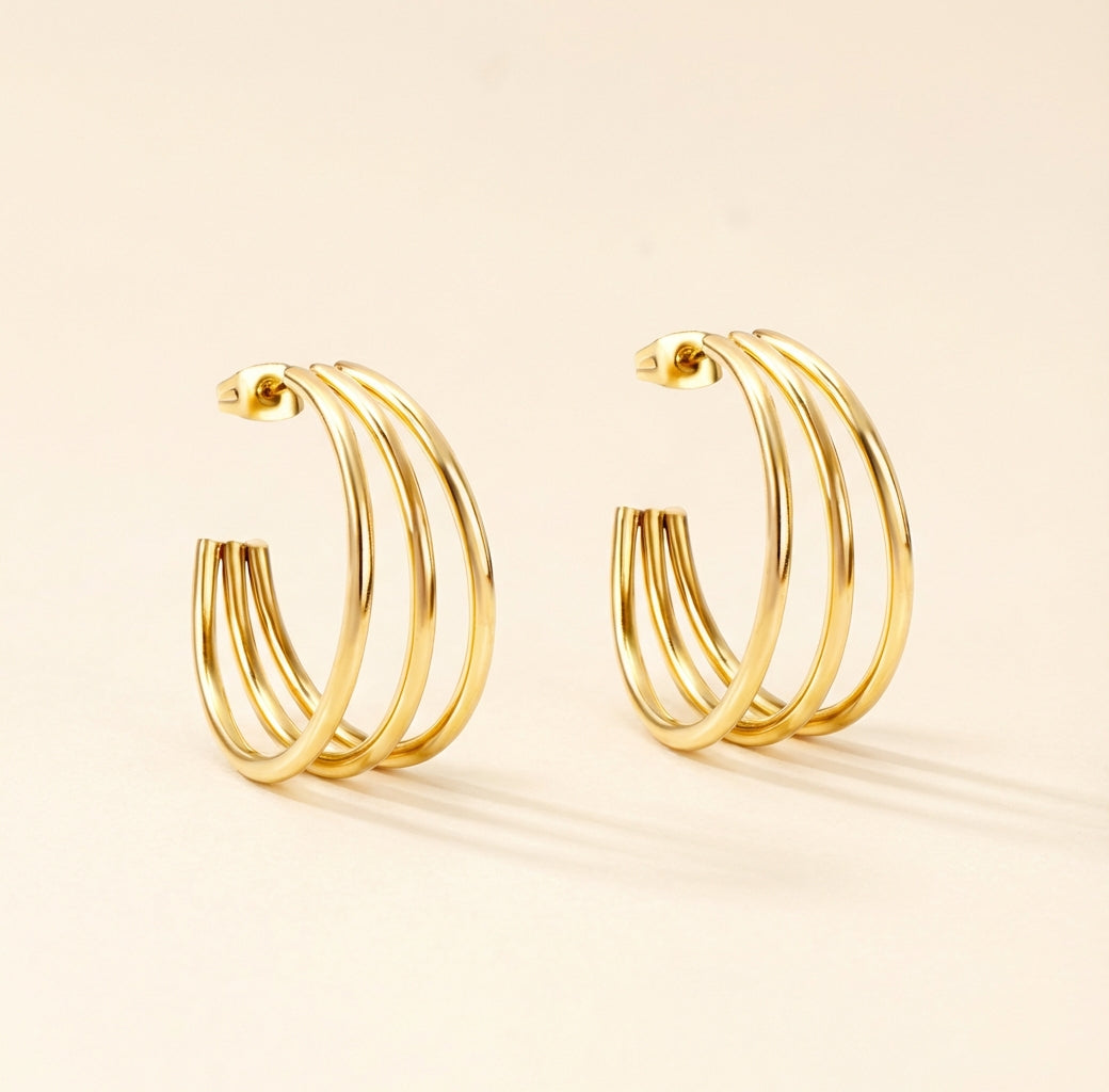 Pendientes Triple Aro Selena con fusión en Oro 18K