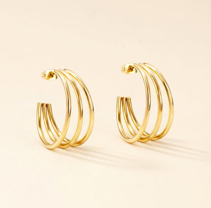 Pendientes Triple Aro Selena con fusión en Oro 18K