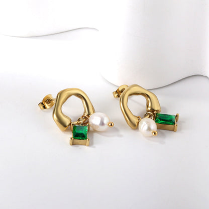 Pendientes Green Diamond & Pearl con fusión en Oro 18K