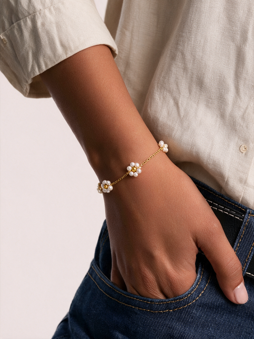 Pulsera Pearl & Bead Blossom con fusión en Oro 18K